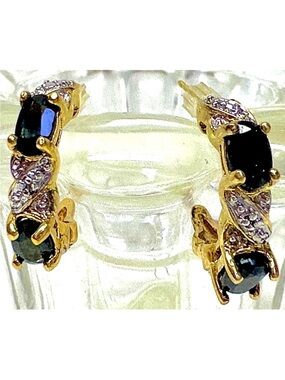 💙STERLING CREATIONS💙SAPPHIRE CRISSCROSS GOLD 925 SILVER HALF LOOP EARRINGS